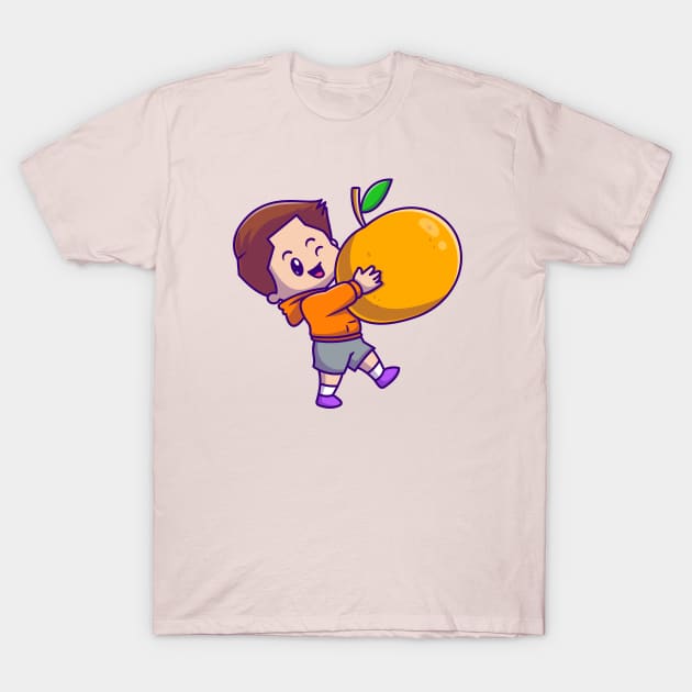 Cute Boy Holding Orange Cartoon T-Shirt by Catalyst Labs